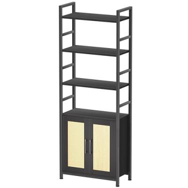 Imagem de Estante de vime com portas, estante de livros de 178 cm de altura com armário de armazenamento, prateleira de 6 camadas para sala de estar/quarto/escritório em casa/cozinha, 178 cm (A) x 66 cm (C) x