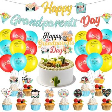 Imagem de Soulchen 32 Pcs Happy Grandparents Day Party Decorations Kit Set with Happy Grandparents Day Banner Cake Topper 12 Cupcake Flags and 18 Balloons for Grandma Grandpa Celebration Family Gatherings