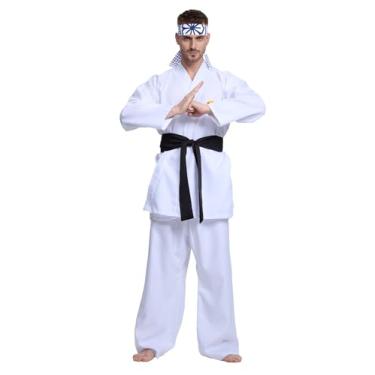 Imagem de Mahoon Fantasia de karatê para adultos, conjunto de uniforme de karatê de luxo com cinto e faixa de cabeça para festa de Halloween, roupa de cosplay, Branco, G-GG