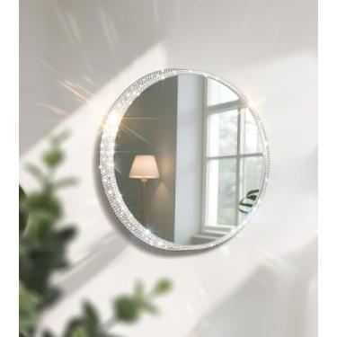 Imagem de Mulixis Espelho de parede de diamante de cristal Espelho de maquiagem prateado Espelho redondo Bing de 30,5 cm para quarto Espelho de vidro real para decoração de parede