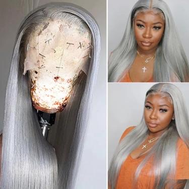 Imagem de Perucas de cabelo humano cinza liso 13 × 4 HD transparente com tela frontal pré-arrancada prata para mulheres negras 150 densidade cinza 100% brasileiro virgem perucas de cabelo humano com cabelo de