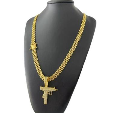 Imagem de Cordão Elo Americano 10Mm + Pingente Uzi - Banhado A Ouro - Tojoia18K