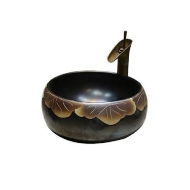Imagem de Bacia de pia de vaso de banheiro bacia de bancada de folha de lótus lavatório antigo lavatório doméstico de cerâmica varanda pia de arte redonda (38 * 38 * 16 cm) Lavatório acima do balcão pia de