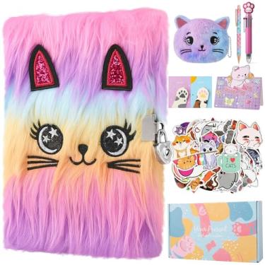 Imagem de Diário de gato com cadeado para meninas, caderno de diário secreto de pelúcia para crianças com bolsa de moedas, caneta multicolorida, notas adesivas, adesivos, presentes fofos e felpudos, kit de