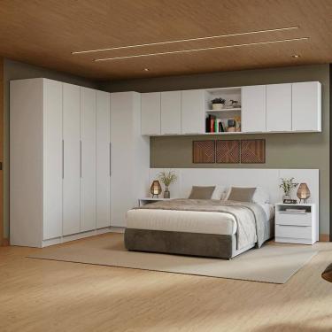 Imagem de Quarto Completo Casal de Canto 580 cm com Mesa de Cabeceira Branco Neo Madesa