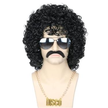 Imagem de Topcosplay Peruca preta Afro Jerry Curl para homens ou mulheres, conjunto de 5 peças, peruca hippies discoteca dos anos 70, 80, roupa de festa de rock, perucas curtas e encaracoladas, acessórios de