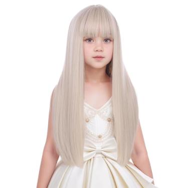 Imagem de Edivd Peruca loira branca para crianças, peruca loira longa platinada com franja de ar, peruca reta loira clara, resistente ao calor, peruca sintética com touca de peruca