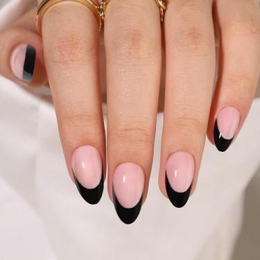 Imagem de RTKHFZE Pregos curtos com ponta francesa, amêndoa, gel macio, acrílico, unhas postiças, para mulheres, ajuste natural, reutilizável, em 16 tamanhos, kit de 32 unhas postiças, preto francês