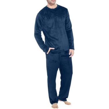 Imagem de Pijama De Lã Para Homens Longo Inverno Quente Conjunto De Pijama De Duas Peças Para Homens Pijamas De Manga Longa Terry Cloth Para Homens Com Bolsos, Navy, M