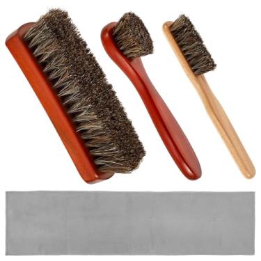 Imagem de 4 escovas para sapatos de crina de cavalo, kit de limpeza de sapatos premium 100% crina de cavalo, escova multifuncional de limpeza de sapatos com cabo de madeira natural, aplicador de polimento para
