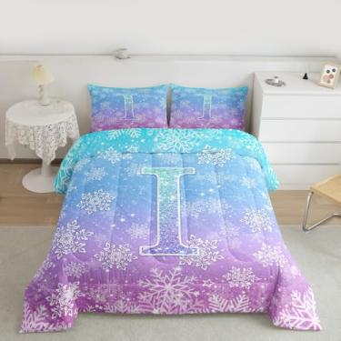Imagem de Feelyou Conjunto de edredom para meninas, roxo, azul, floco de neve, para todas as estações, com 1 fronha, de microfibra, solteiro, Natal, inverno, neve, para decoração de quarto, com glitter, macio e