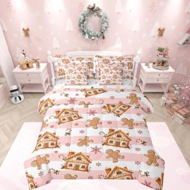 Imagem de Feelyou Conjunto de edredom masculino de gengibre rosa de Natal com casa de gengibre, 7 peças, tamanho solteiro para crianças, meninos, meninas, floco de neve de Natal, conjunto de cama de Natal