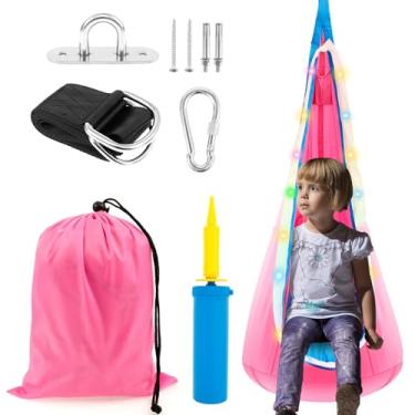 Imagem de LCZNXJJY Assento de balanço infantil iluminado, cadeira de balanço sensorial com luzes de LED, cadeira de rede inflável suspensa, fácil de instalar, balanço de sofá de teto com bomba para ambientes