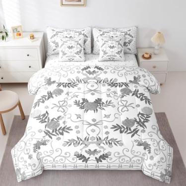 Imagem de Erosebridal Conjunto de edredom King, com laço floral, 7 peças, boêmio, com laço cinza, para meninas, com laço rústico, decoração de quarto