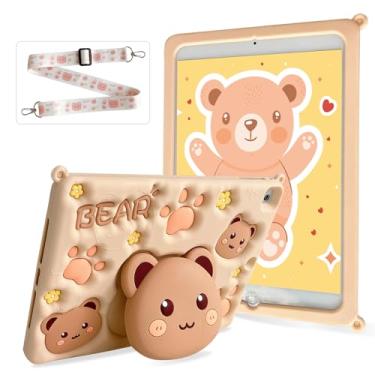Imagem de ICEELEC Capa para iPad 9ª/8ª/7ª geração de 10,2 polegadas (2021/2020/2019) com capa de silicone com desenho animado de ursinhos fofos e alça de silicone marrom