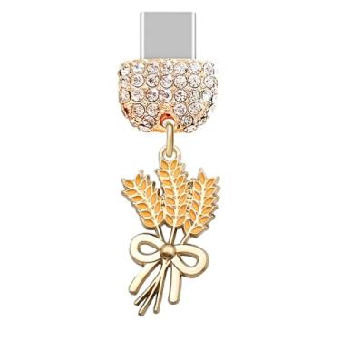 Imagem de ELISE & FONDA TP897 Tipo-C porta de carregamento cristal antipoeira pequeno pingente de celular de trigo de ação de graças para iPhone 15/16/Samsung/OnePlus/Xiaomi/oppo telefones Android (dourado)
