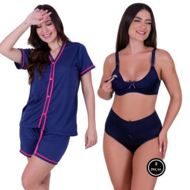 Imagem de Combo Amamentação Pijama com Botões Sutiã com Clique e Calcinha Pós Pa