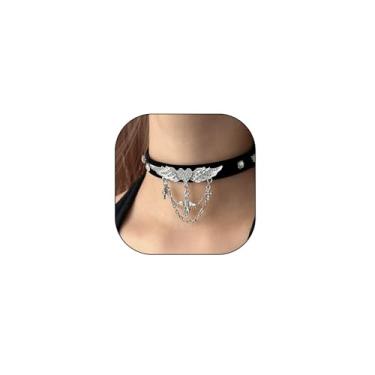 Imagem de liveliwithmin Gargantilha feminina preta de poliuretano punk asa de anjo CZ colar cruz colar longo prata borla colar curto para ela