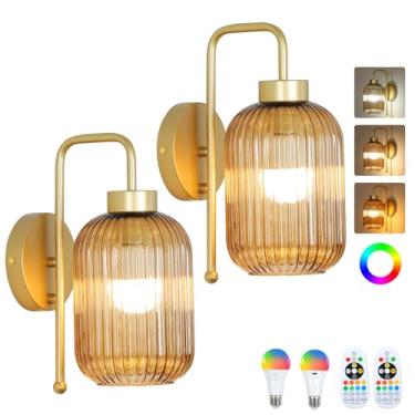 Imagem de LAMSU Arandelas de parede sem fio douradas vintage operadas por bateria, conjunto de 2 luzes de parede recarregáveis com sombra de vidro listrado, controle remoto e lâmpada, arandelas sem fio,
