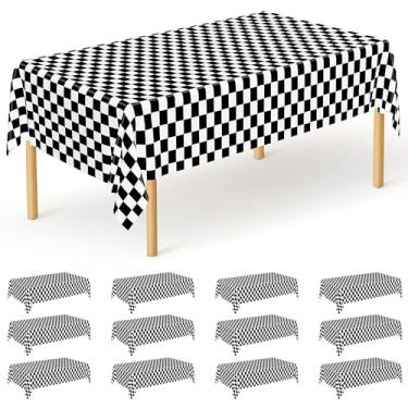 Imagem de Pacote com 12 toalhas de mesa retangulares, toalha de mesa de plástico de 137 x 274 cm, capas de mesa xadrez pretas e brancas, toalha de mesa descartável à prova d'água para piquenique ao ar livre