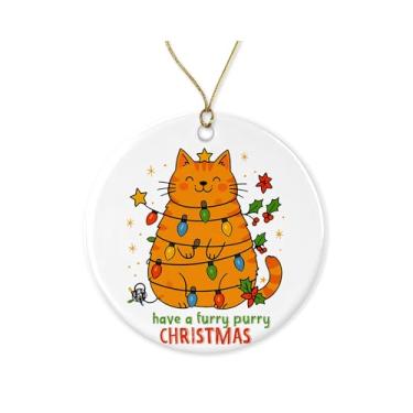 Imagem de Enfeite de Natal Have A Furry Purry - Decoração de árvore de Natal de gato de cerâmica - Enfeite fofo - Presente para amantes de gatos, donos de animais de estimação, amigos impressos em ambos os