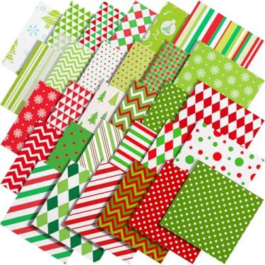 Imagem de Shimeyao Pacote de tecido acolchoado de Natal de 25,5 x 25,4 cm, listrado, ponto de listra, vermelho brilhante, verde, impressão, tecido, patchwork, suprimentos para decoração de Natal, faça você