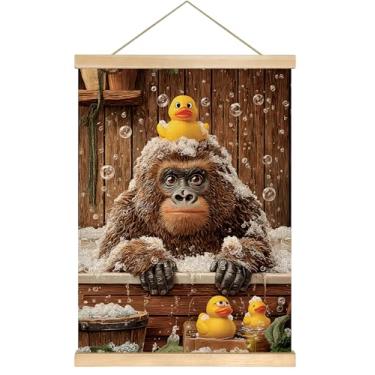 Imagem de Arte de parede Golden Retriever - Cachorro fofo no banho com pato de borracha, pôster de linho de 35,5 x 47 cm para decoração de banheiro, loja de cuidados de animais de estimação ou presente para