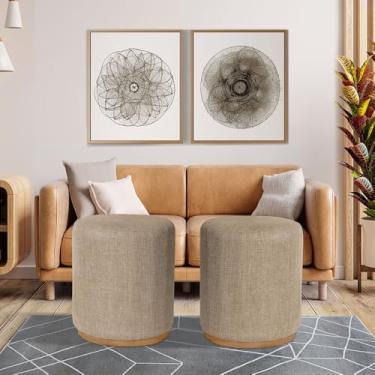 Imagem de Kit 2 Puff Redondo Luxo em Linho Bege Decorativo Grande Charme