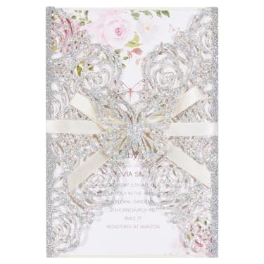 Imagem de Acessórios de convite de casamento com corte a laser borboleta com glitter prateado, cartões de convite em branco personalizáveis para boda 15 anos personalizados, convites da era do quinze anos