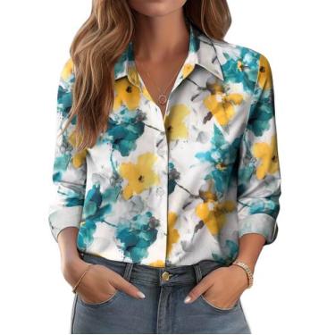 Imagem de Blusa feminina Zeagoo de manga comprida com estampa floral com botões