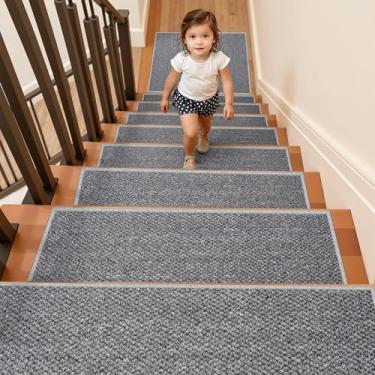 Imagem de Tapete antiderrapante para escadas, pacote com 15, 20,3 x 76,2 cm, para degraus de madeira, tapete lavável para escadas, resistente a manchas, para crianças e cães (15 peças, cinza)