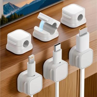 Imagem de Pacote com 6 suportes organizadores de cabos magnéticos para carregador de telefone montável na parede de mesa e armazenamento de cabos de fácil abertura de dados, branco