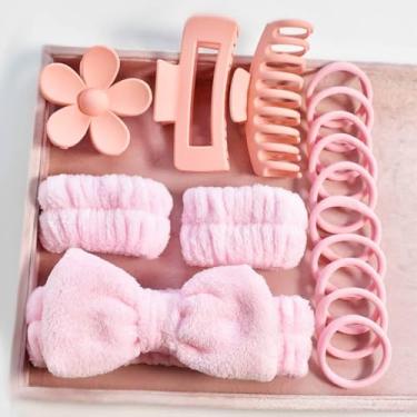 Imagem de Conjunto de 16 peças de faixas de cabelo para lavagem facial, grampos de cabelo para mulheres, faixa de cabeça macia, clipes de garra de plástico, elástico para maquiagem e cuidados com a pele - rosa