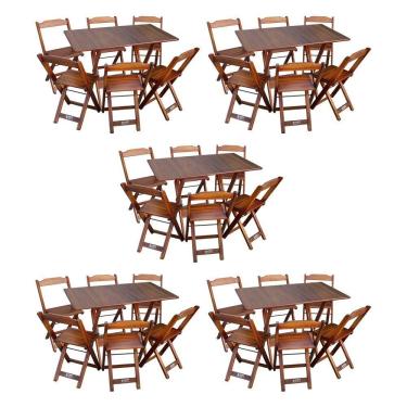 Imagem de Kit 5 Conjuntos De Mesa Dobráveis De Madeira 70x110cm Com 6 Cadeiras Imbuia