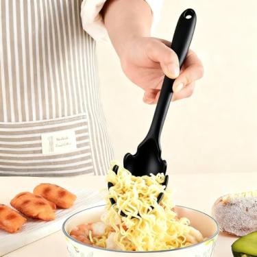 Imagem de Garfo de silicone para macarrão, servidor de colher de macarrão resistente ao calor, coador de espaguete livre de BPA, 21,6 cm (preto)