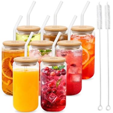 Imagem de Alotpower Copos de vidro com tampas e canudos de 473 ml, pacote com 8 copos de vidro com tampas de bambu e canudos de vidro, para café gelado, chá de bolhas, cerveja, conjunto de copos reutilizáveis
