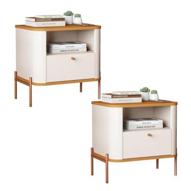 Imagem de Kit 2 Mesas Cabeceira Quarto Tucupí Slim 1 Gaveta Pés Metal Off White-Nature-Bronze