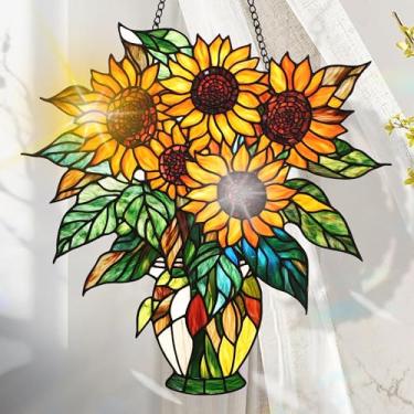 Imagem de Suncatcher acrílico colorido, decoração de janela suspensa de girassol com design de vitral impresso, apanhador de sol, arte de parede de arco-íris, ideia de presente e ornamento de jardim, uso
