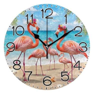 Imagem de ALAZA Flamingos Relógio de parede de praia operado por bateria sem tique-taque silencioso quartzo analógico rústico casa de fazenda relógio redondo decoração retrô para casa cozinha sala de estar