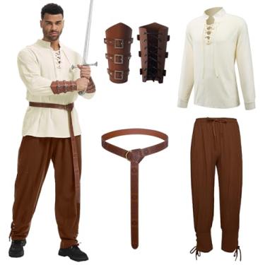 Imagem de Conjunto de fantasia masculina da Renascença, fantasia de pirata medieval, camisa e calça, acessório de fantasia viking (marrom, pequeno)