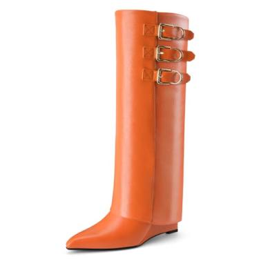 Imagem de Perisis Botas femininas dobráveis cano alto tubarão salto cunha fivelas de couro bico fino puxar botas longas, PU laranja, 39