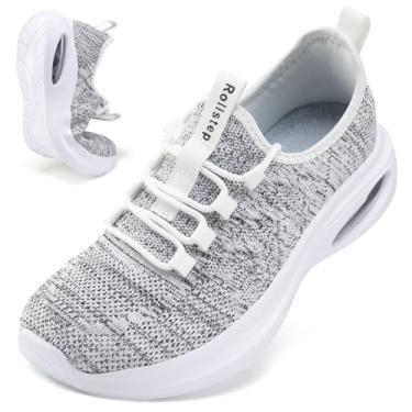 Imagem de Rollstep Tênis feminino de largura extra larga com amortecimento de ar, tênis de corrida ultraleve, academia, treino, treino, respirável, com suporte de arco, Cinza claro e branco, 10 Wide