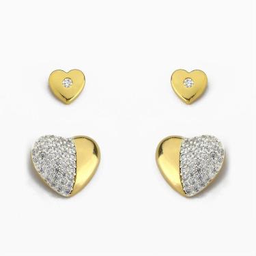 Imagem de Kit Dupla Brinco Coração Cravejado Zircônia Banhado Ouro 18k - Cristal