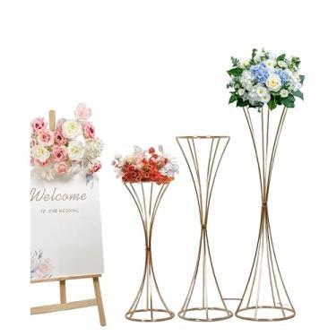 Imagem de Pacote com 3 vasos altos de flores douradas para centros de mesa, colunas de exibição de trompete de metal para decoração de festas, arranjos florais, salão de automóveis, decorações de pano de fundo