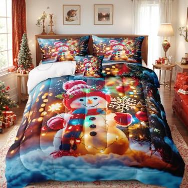 Imagem de Bedding_Dreamer Conjunto de cama com edredom de boneco de neve vermelho de Natal e floco de neve, 4 peças, tamanho Queen com 1 capa de almofada
