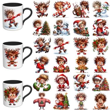 Imagem de Adesivos DTF UV de Natal - 24 folhas engraçadas de Natal menino UV DTF envoltório de copo para canecas de vidro café, decalques DIY para copos, esfregar à prova d'água em transferências para