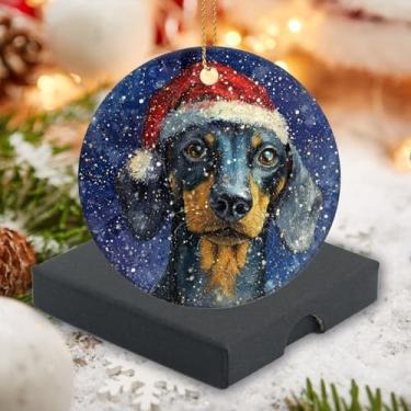 Imagem de Enfeite de Natal 2025 redondo lembrança de Natal enfeites de árvore de Natal 7,6 cm - a Dachshund usando chapéu de Natal noite estrelada design presente amante de animais, família, amigos, colegas
