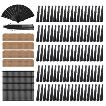 Imagem de LECEHIVO 100 peças de ventiladores dobráveis de casamento a granel com nervuras de plástico, ventiladores dobráveis de tecido de seda chineses para decoração de casa, festas, presentes de casamento