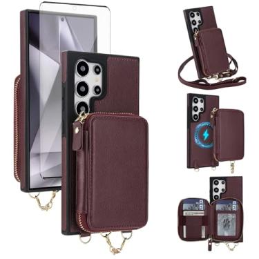 Imagem de Capa de telefone para Samsung Galaxy S25 Ultra 5G carteira com zíper capa protetora de tela transversal alça magnética destacável compatível com MagSafe S25Ultra 25S S 25 25Ultra feminino vinho tinto