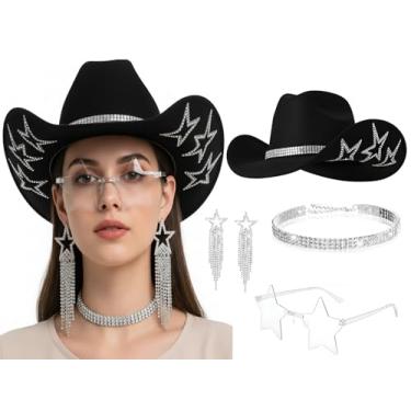 Imagem de Chicingyou Conjunto de 4 peças de chapéu de vaqueira, colar, brincos de estrela, óculos de sol, faroeste, glitter, estrela, strass, chapéu de feltro de cowboy para